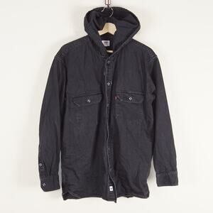 Levis Black Button Up Long Sleeve Hooded Cotton Worker Shirt Light Denim Mens M